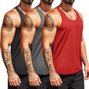 imageCOOFANDY Mens 3 Pack Workout Tank Tops Quick Dry Gym Sleeveless Muscle T Shirts Y Back Athlectic Tank Bodybuilding TopBlackDark GreyRed