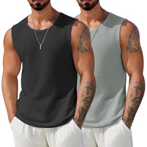 imageCOOFANDY Mens Casual Tank Tops 2 Pack Waffle Knit Sleeveless Shirt Breathable Tank Shirts Summer Muscle TeeBlackLight Grey