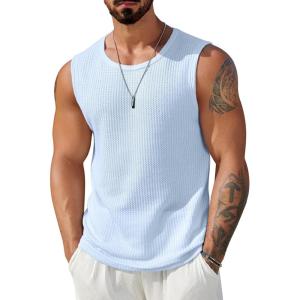 imageCOOFANDY Mens Casual Tank Tops 2 Pack Waffle Knit Sleeveless Shirt Breathable Tank Shirts Summer Muscle TeeLight Blue