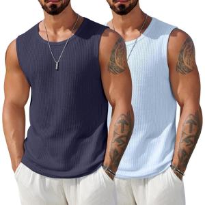 imageCOOFANDY Mens Casual Tank Tops 2 Pack Waffle Knit Sleeveless Shirt Breathable Tank Shirts Summer Muscle TeeNavyLight Blue