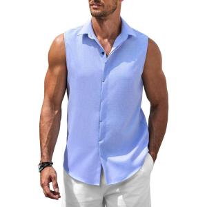 imageCOOFANDY Mens Sleeveless Button Down Beach Shirts Casual Summer Tank Tops Collared Imitation Linen Tank ShirtBright Blue