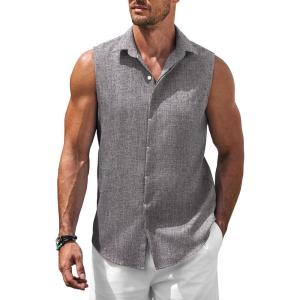 imageCOOFANDY Mens Sleeveless Button Down Beach Shirts Casual Summer Tank Tops Collared Imitation Linen Tank ShirtDark Grey