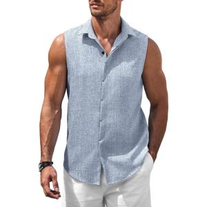imageCOOFANDY Mens Sleeveless Button Down Beach Shirts Casual Summer Tank Tops Collared Imitation Linen Tank ShirtLight Denim Blue