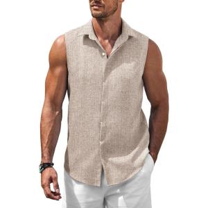 imageCOOFANDY Mens Sleeveless Button Down Beach Shirts Casual Summer Tank Tops Collared Imitation Linen Tank ShirtLight Khaki