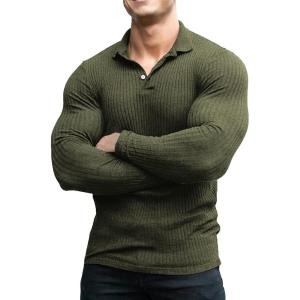 imageCOOFANDY Mens Stretch Muscle Tshirts Long Sleeve Knit Tees Casual Slim Fit Polo ShirtsArmy Green