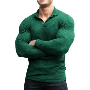 imageCOOFANDY Mens Stretch Muscle Tshirts Long Sleeve Knit Tees Casual Slim Fit Polo ShirtsDark Green