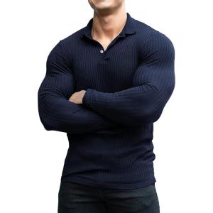 imageCOOFANDY Mens Stretch Muscle Tshirts Long Sleeve Knit Tees Casual Slim Fit Polo ShirtsNavy Blue