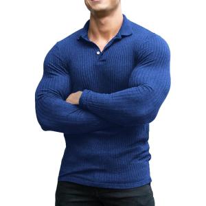 imageCOOFANDY Mens Stretch Muscle Tshirts Long Sleeve Knit Tees Casual Slim Fit Polo ShirtsRoyal Blue