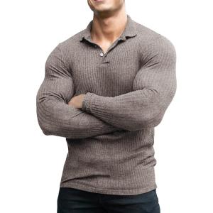 imageCOOFANDY Mens Stretch Muscle Tshirts Long Sleeve Knit Tees Casual Slim Fit Polo ShirtsTan
