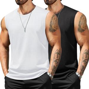 imageCOOFANDY Mens Tank Top Cotton Workout Sleeveless Muscle T Shirts Casual Summer Tank ShirtsBlackWhite 2 Pcs