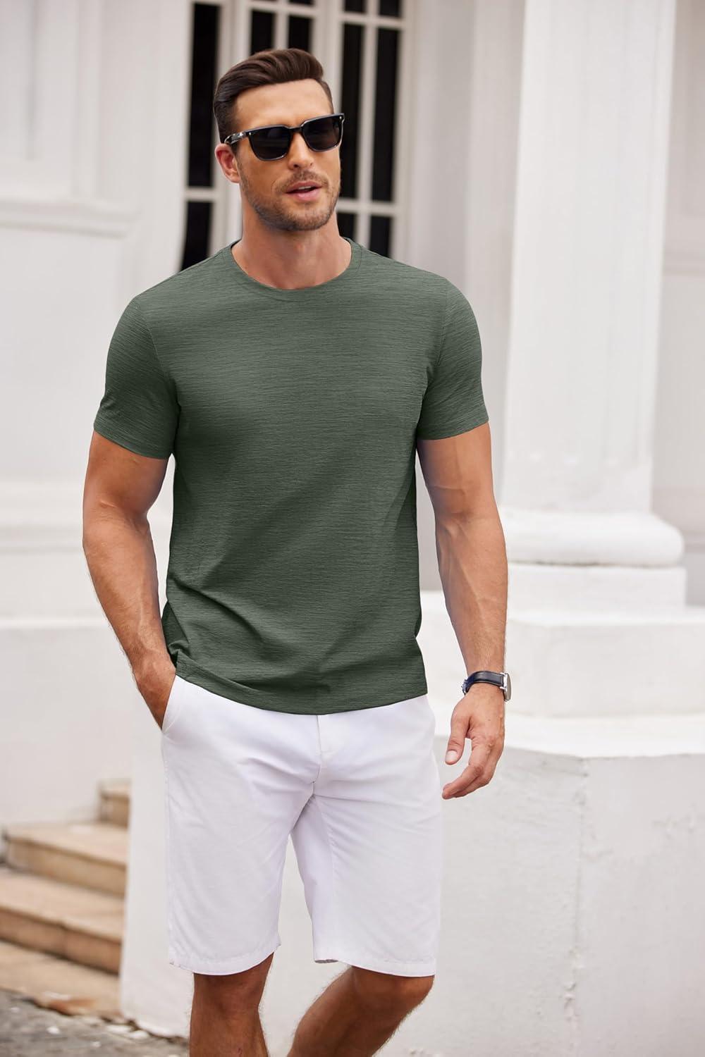 imageCOOFANDY Mens Crew Neck T Shirt Short Sleeve Casual Summer Basic Tee Muscle Slim Fit Workout TShirtArmy Green