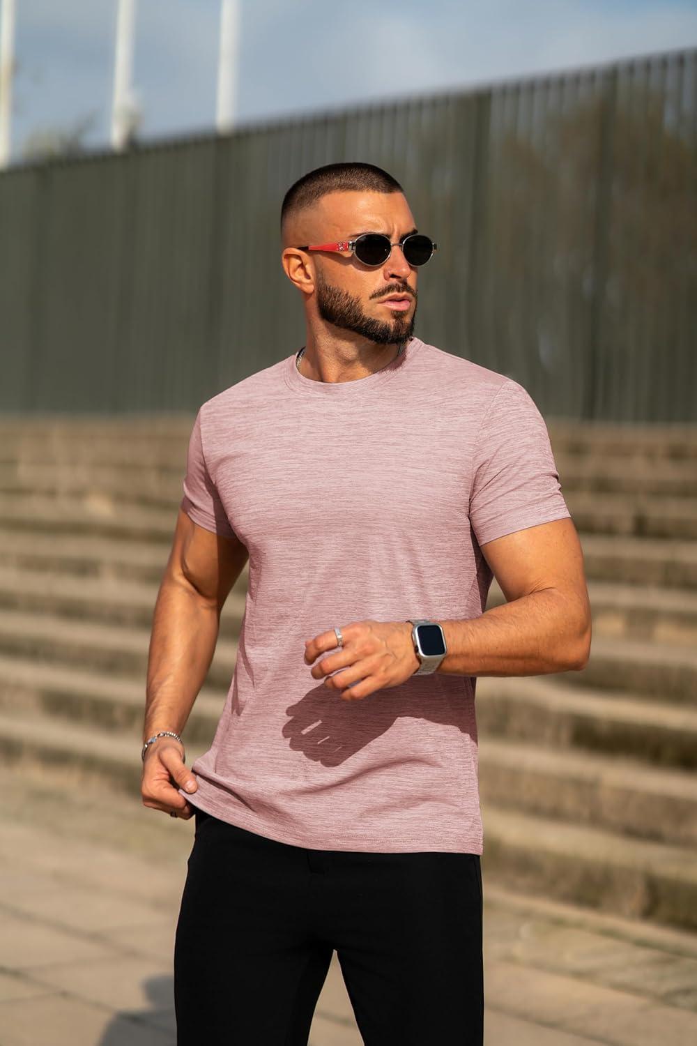 imageCOOFANDY Mens Crew Neck T Shirt Short Sleeve Casual Summer Basic Tee Muscle Slim Fit Workout TShirtLight Pink