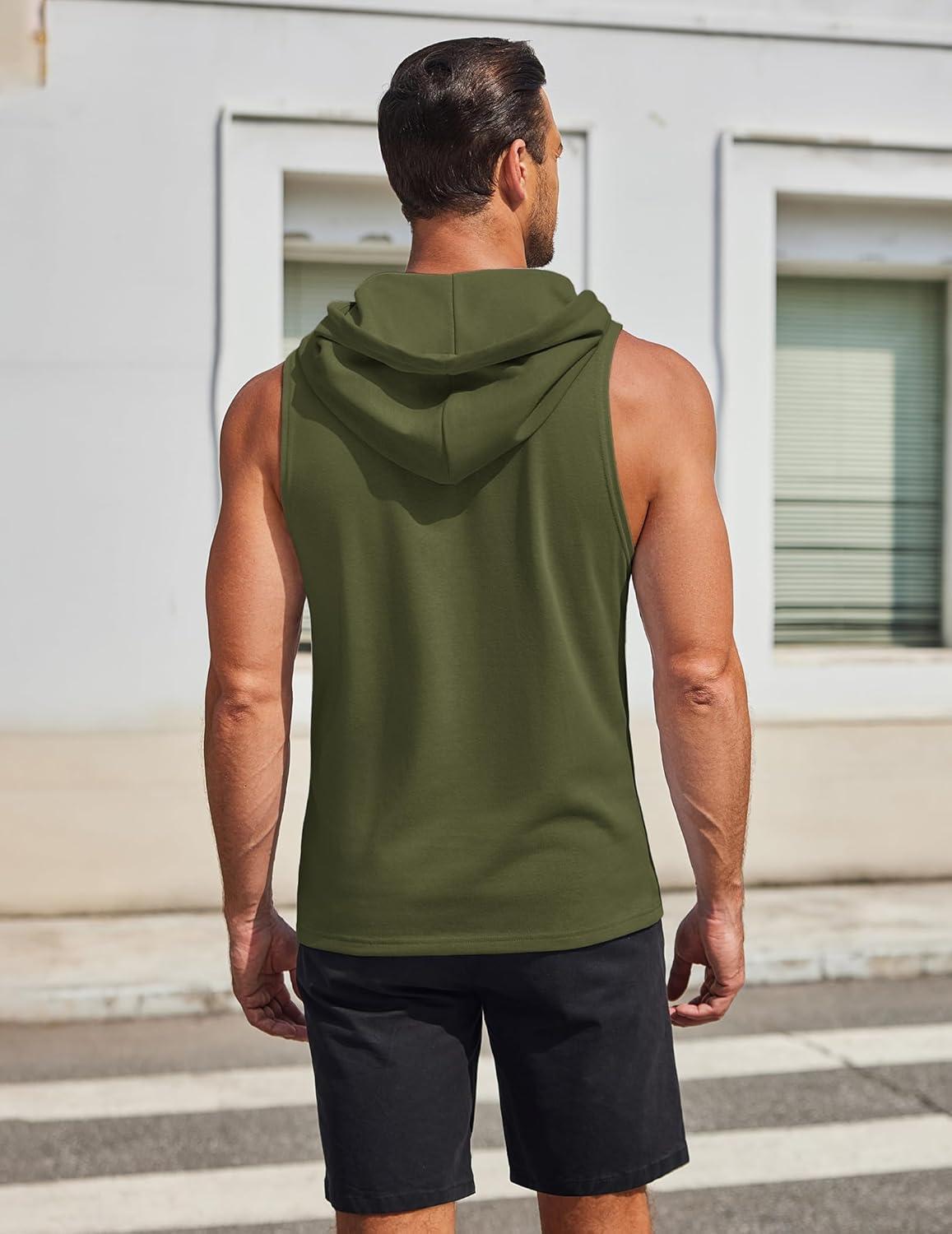 imageCOOFANDY Mens Workout Hooded Tank Tops Sleeveless Gym Hoodies Cotton Muscle Cut Off Shirt Bodybuilding Henley ShirtsArmy Green