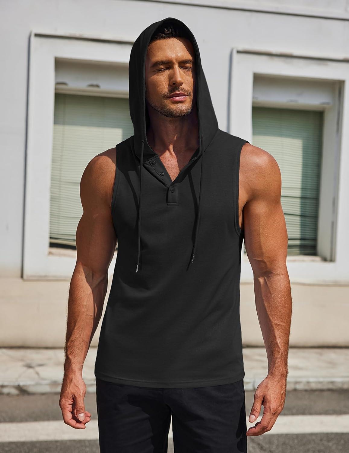 imageCOOFANDY Mens Workout Hooded Tank Tops Sleeveless Gym Hoodies Cotton Muscle Cut Off Shirt Bodybuilding Henley ShirtsBlack