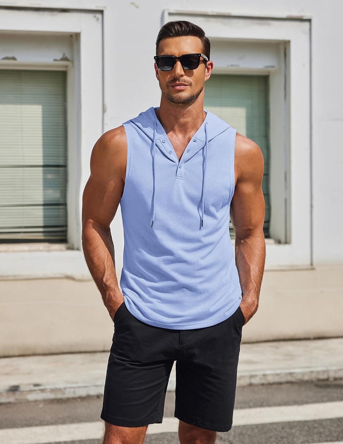 imageCOOFANDY Mens Workout Hooded Tank Tops Sleeveless Gym Hoodies Cotton Muscle Cut Off Shirt Bodybuilding Henley ShirtsLight Blue