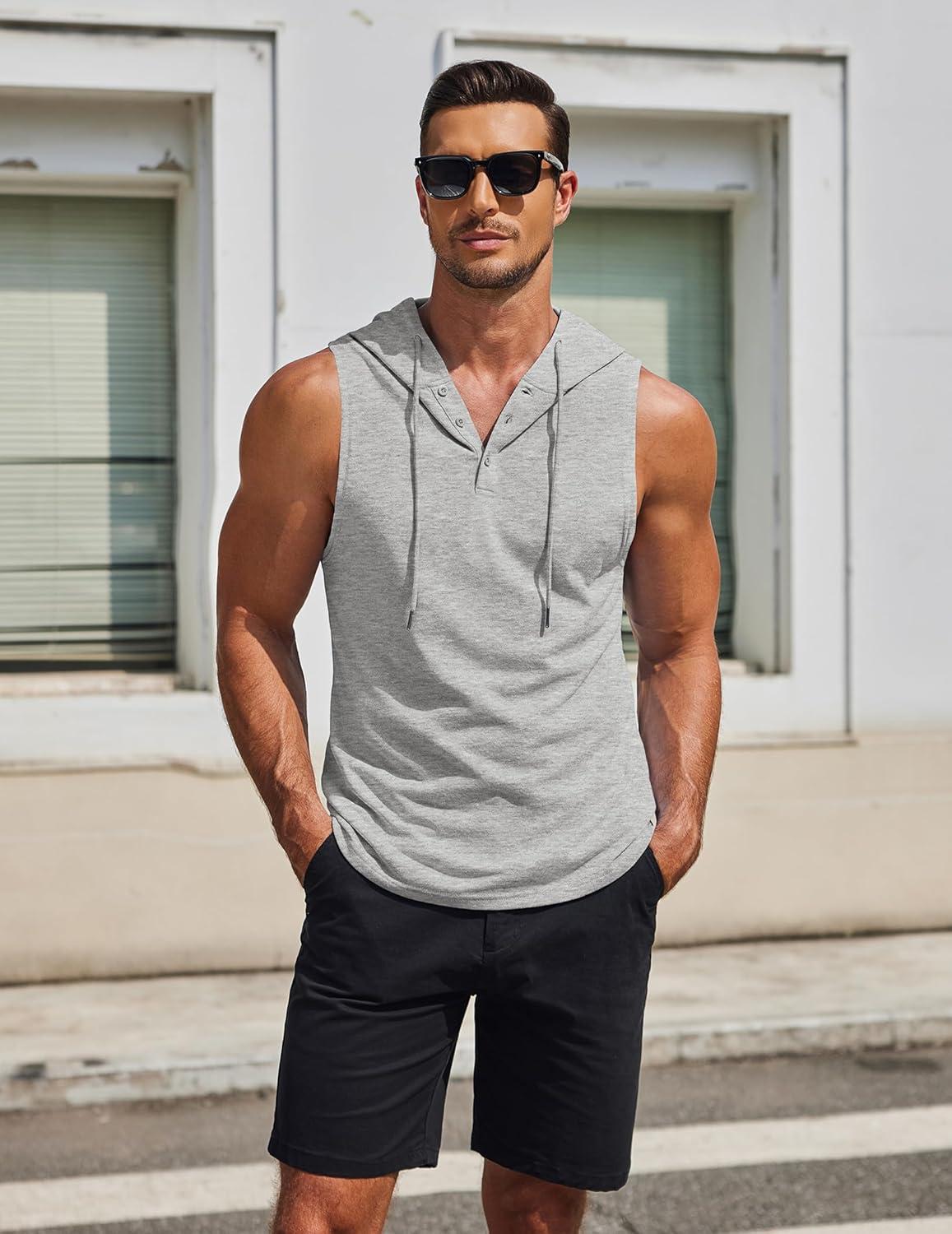 imageCOOFANDY Mens Workout Hooded Tank Tops Sleeveless Gym Hoodies Cotton Muscle Cut Off Shirt Bodybuilding Henley ShirtsLight Grey