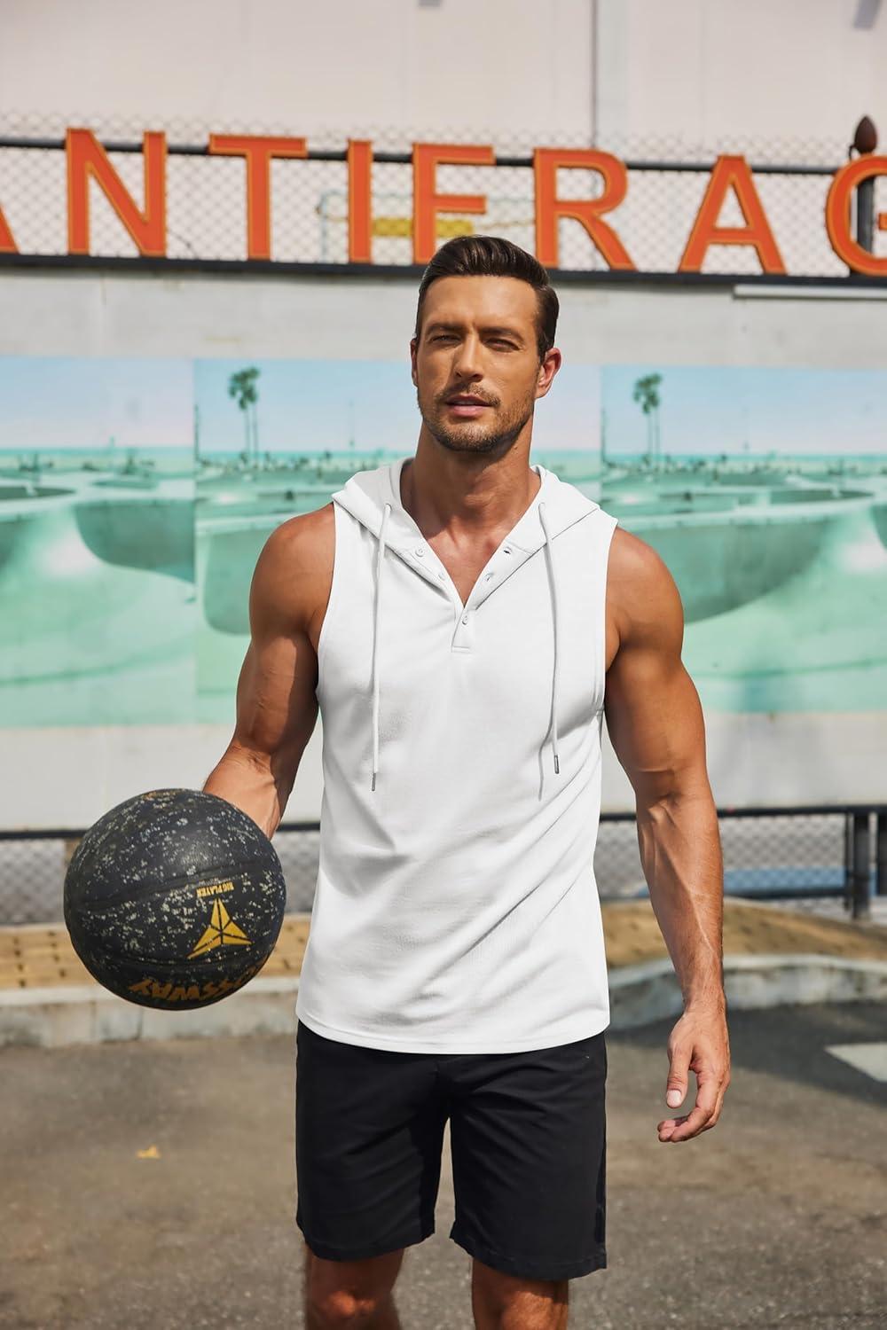 imageCOOFANDY Mens Workout Hooded Tank Tops Sleeveless Gym Hoodies Cotton Muscle Cut Off Shirt Bodybuilding Henley ShirtsWhite