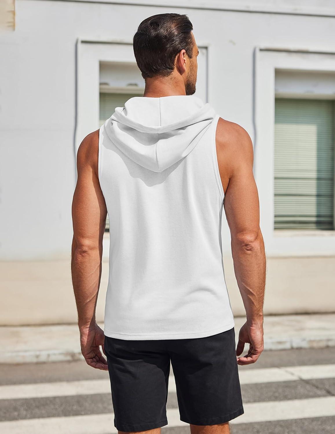 imageCOOFANDY Mens Workout Hooded Tank Tops Sleeveless Gym Hoodies Cotton Muscle Cut Off Shirt Bodybuilding Henley ShirtsWhite