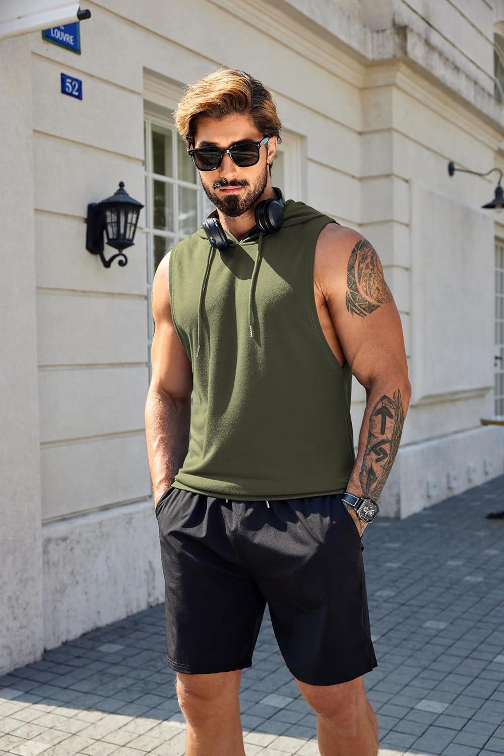 imageCOOFANDY Mens Workout Hooded Tank Tops Sleeveless Muscle Cut Off Shirts Athletic Gym Hoodies for Training FitnessArmy Green