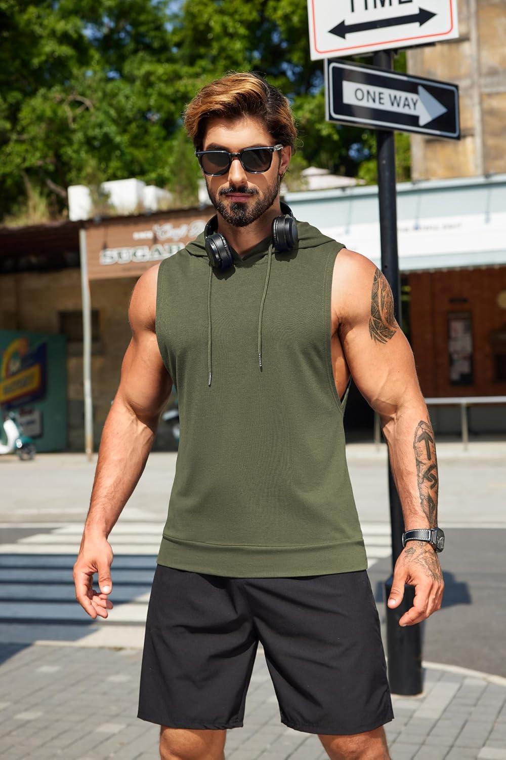 imageCOOFANDY Mens Workout Hooded Tank Tops Sleeveless Muscle Cut Off Shirts Athletic Gym Hoodies for Training FitnessArmy Green