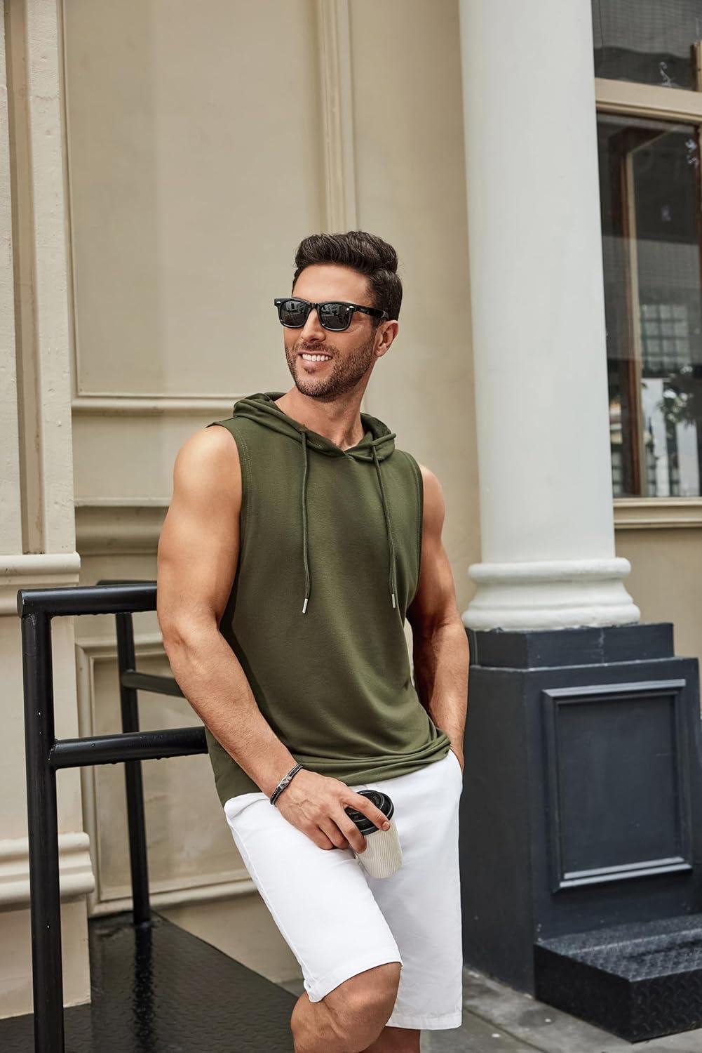 imageCOOFANDY Mens Workout Hooded Tank Tops Sleeveless Muscle Cut Off Shirts Athletic Gym Hoodies for Training FitnessArmy GreenBlack