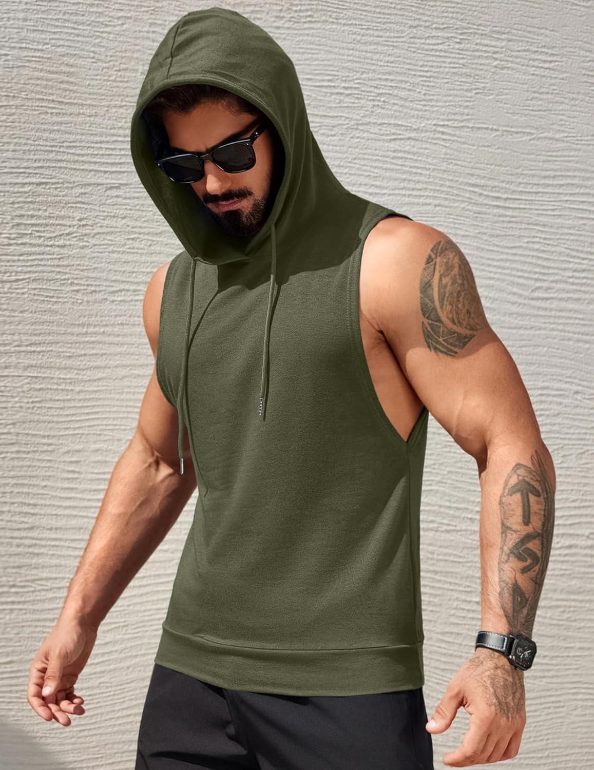 imageCOOFANDY Mens Workout Hooded Tank Tops Sleeveless Muscle Cut Off Shirts Athletic Gym Hoodies for Training FitnessArmy GreenBlack