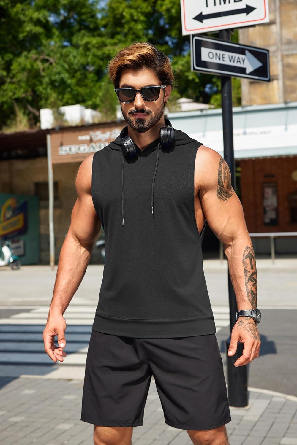 imageCOOFANDY Mens Workout Hooded Tank Tops Sleeveless Muscle Cut Off Shirts Athletic Gym Hoodies for Training FitnessArmy GreenBlack