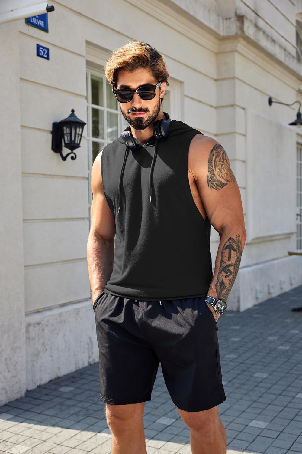 imageCOOFANDY Mens Workout Hooded Tank Tops Sleeveless Muscle Cut Off Shirts Athletic Gym Hoodies for Training FitnessBlack