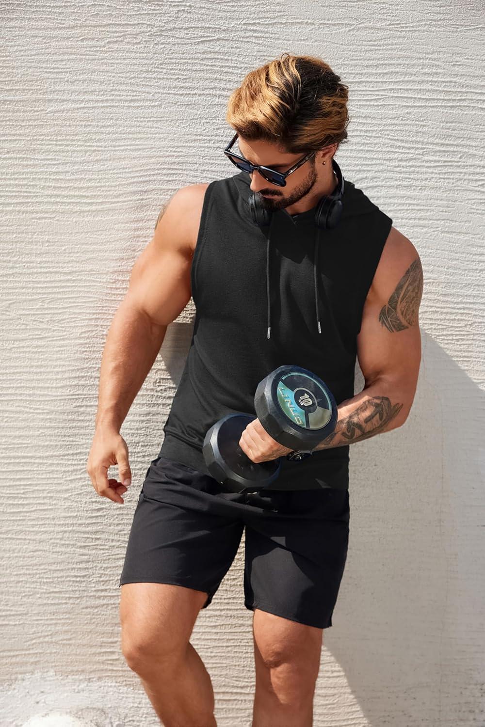 imageCOOFANDY Mens Workout Hooded Tank Tops Sleeveless Muscle Cut Off Shirts Athletic Gym Hoodies for Training FitnessBlack