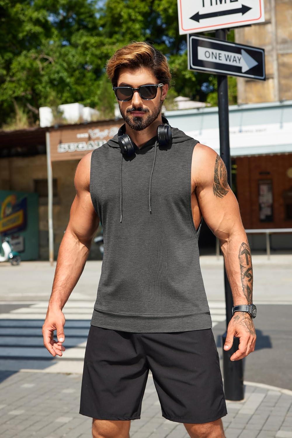 imageCOOFANDY Mens Workout Hooded Tank Tops Sleeveless Muscle Cut Off Shirts Athletic Gym Hoodies for Training FitnessDark GreyBlack