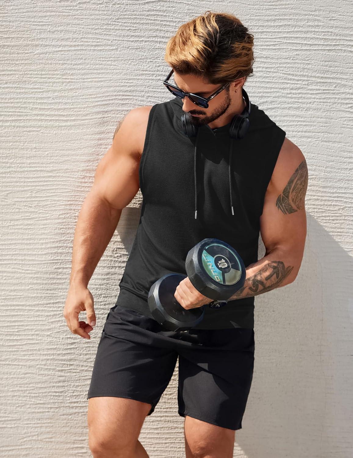 imageCOOFANDY Mens Workout Hooded Tank Tops Sleeveless Muscle Cut Off Shirts Athletic Gym Hoodies for Training FitnessDark GreyBlack