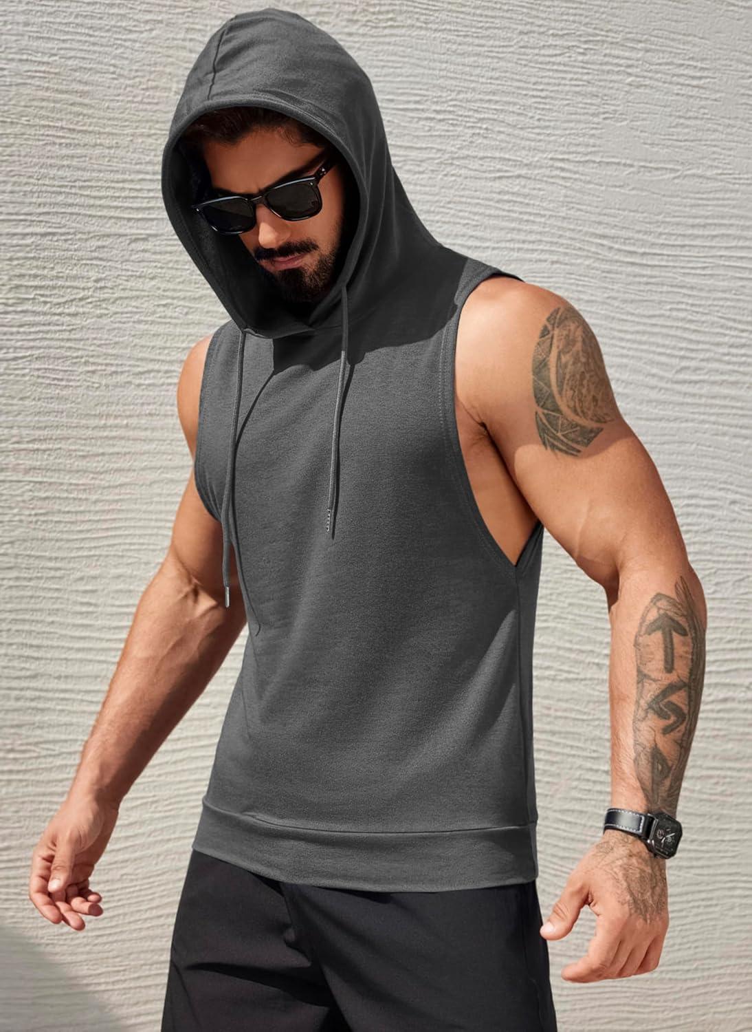 imageCOOFANDY Mens Workout Hooded Tank Tops Sleeveless Muscle Cut Off Shirts Athletic Gym Hoodies for Training FitnessDark GreyBlack