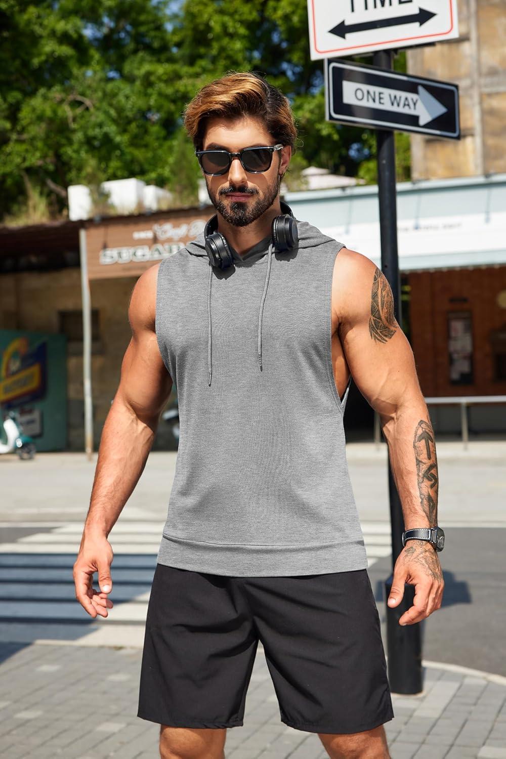 imageCOOFANDY Mens Workout Hooded Tank Tops Sleeveless Muscle Cut Off Shirts Athletic Gym Hoodies for Training FitnessLight Grey
