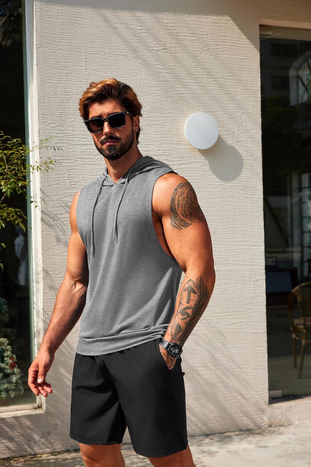 imageCOOFANDY Mens Workout Hooded Tank Tops Sleeveless Muscle Cut Off Shirts Athletic Gym Hoodies for Training FitnessLight Grey