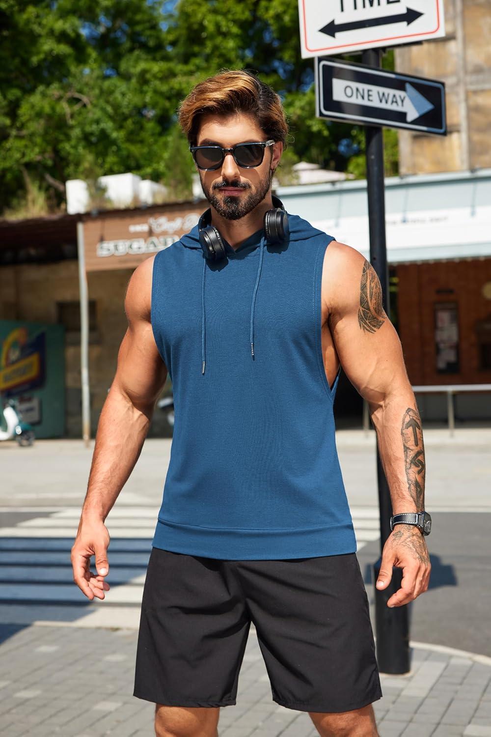 imageCOOFANDY Mens Workout Hooded Tank Tops Sleeveless Muscle Cut Off Shirts Athletic Gym Hoodies for Training FitnessNavy Blue