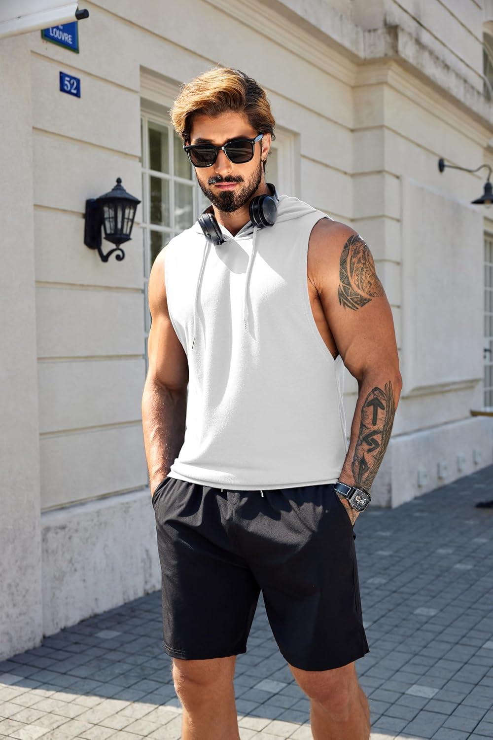 imageCOOFANDY Mens Workout Hooded Tank Tops Sleeveless Muscle Cut Off Shirts Athletic Gym Hoodies for Training FitnessWhite