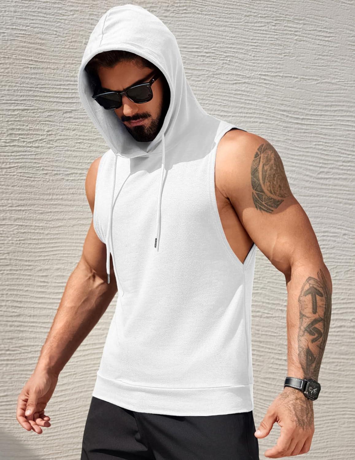 imageCOOFANDY Mens Workout Hooded Tank Tops Sleeveless Muscle Cut Off Shirts Athletic Gym Hoodies for Training FitnessWhite