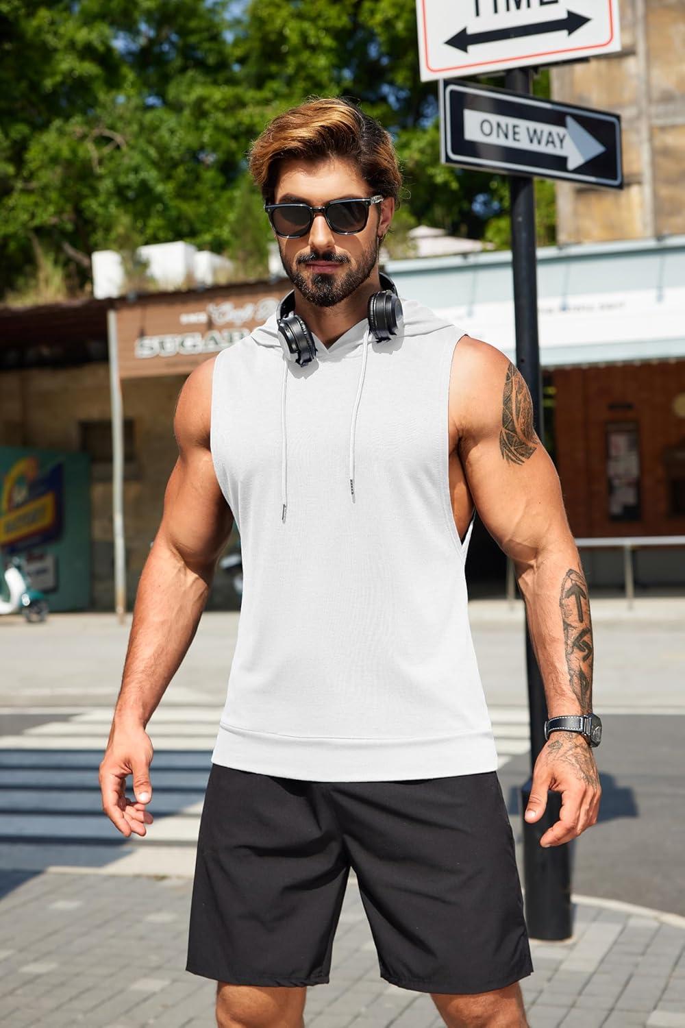 imageCOOFANDY Mens Workout Hooded Tank Tops Sleeveless Muscle Cut Off Shirts Athletic Gym Hoodies for Training FitnessWhite