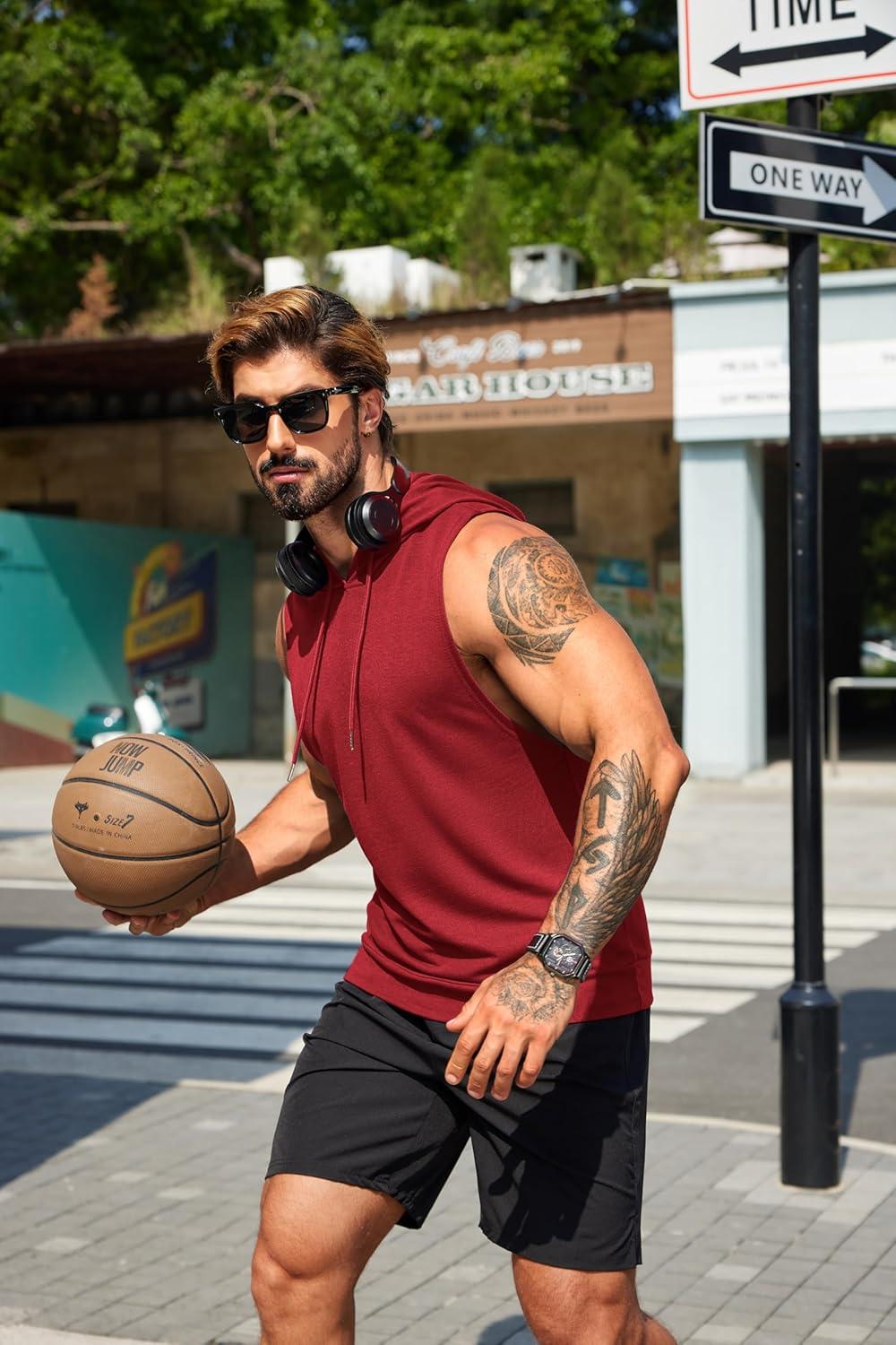 imageCOOFANDY Mens Workout Hooded Tank Tops Sleeveless Muscle Cut Off Shirts Athletic Gym Hoodies for Training FitnessWine Red