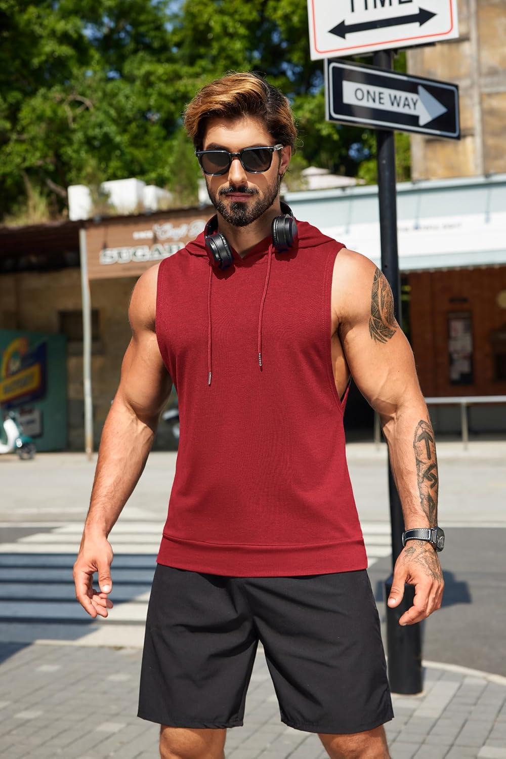 imageCOOFANDY Mens Workout Hooded Tank Tops Sleeveless Muscle Cut Off Shirts Athletic Gym Hoodies for Training FitnessWine Red