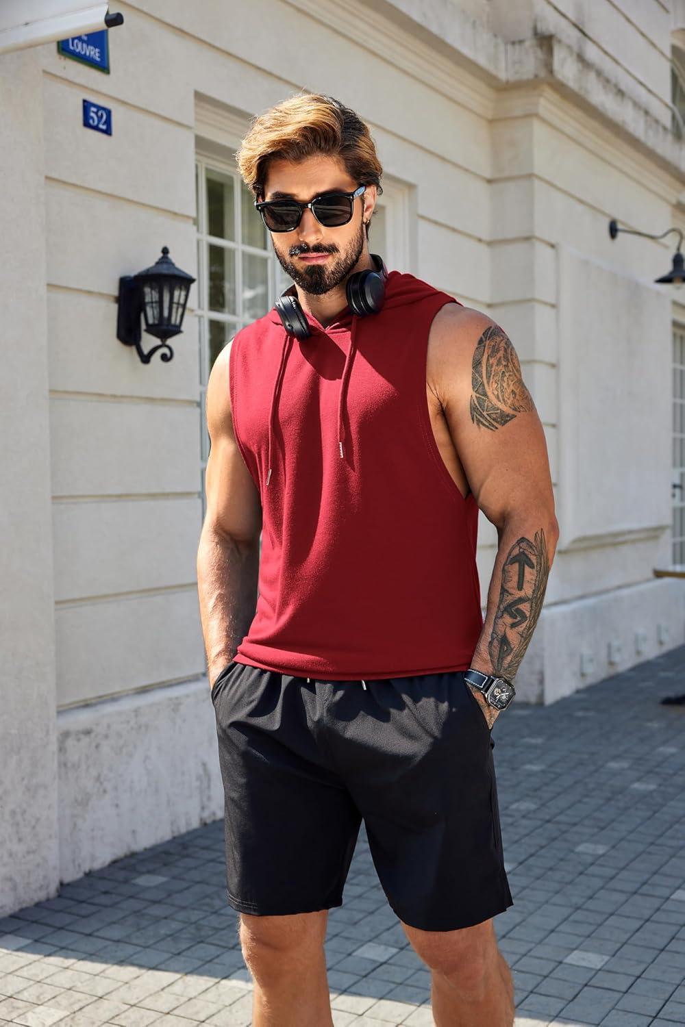 imageCOOFANDY Mens Workout Hooded Tank Tops Sleeveless Muscle Cut Off Shirts Athletic Gym Hoodies for Training FitnessWine Red