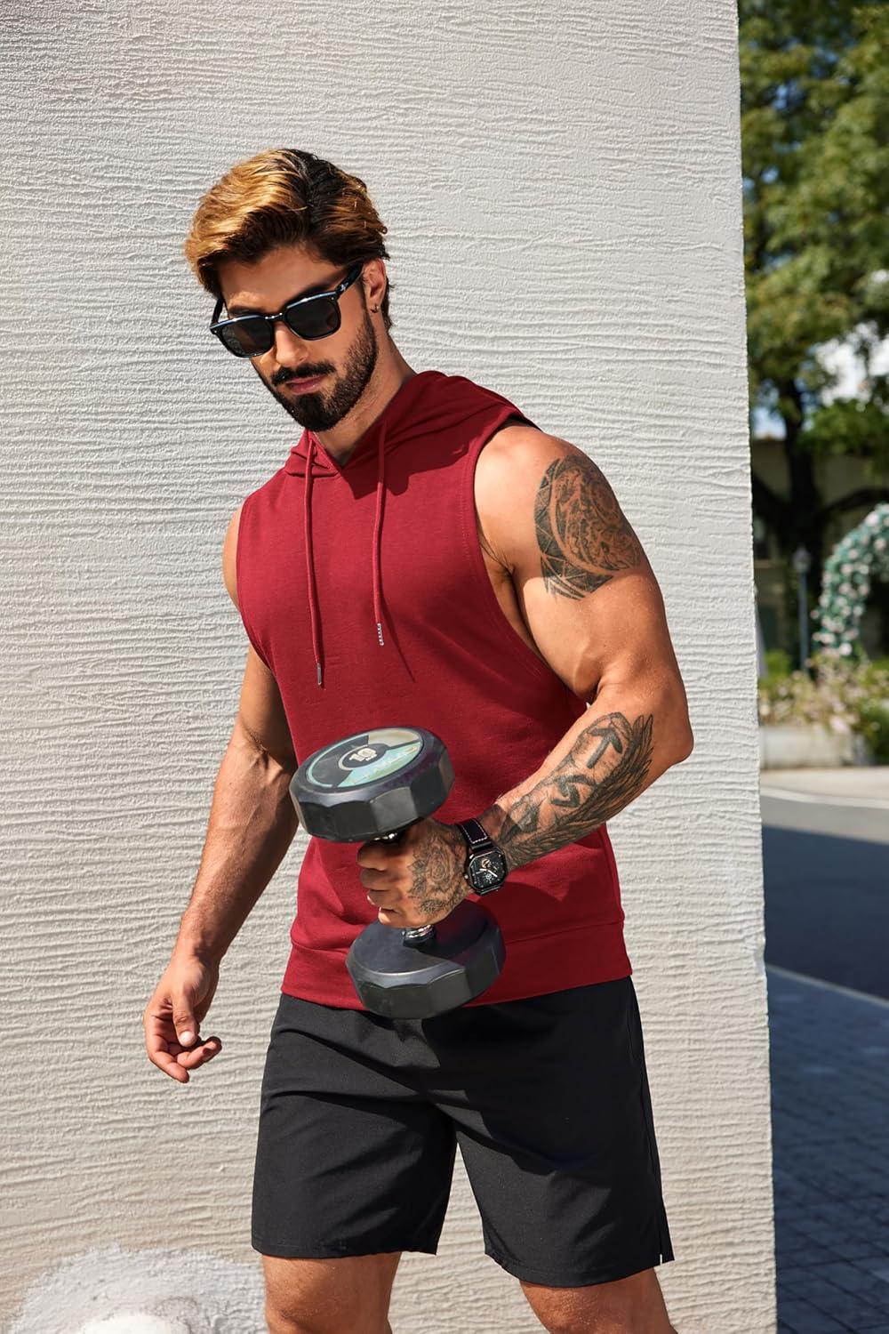 imageCOOFANDY Mens Workout Hooded Tank Tops Sleeveless Muscle Cut Off Shirts Athletic Gym Hoodies for Training FitnessWine Red
