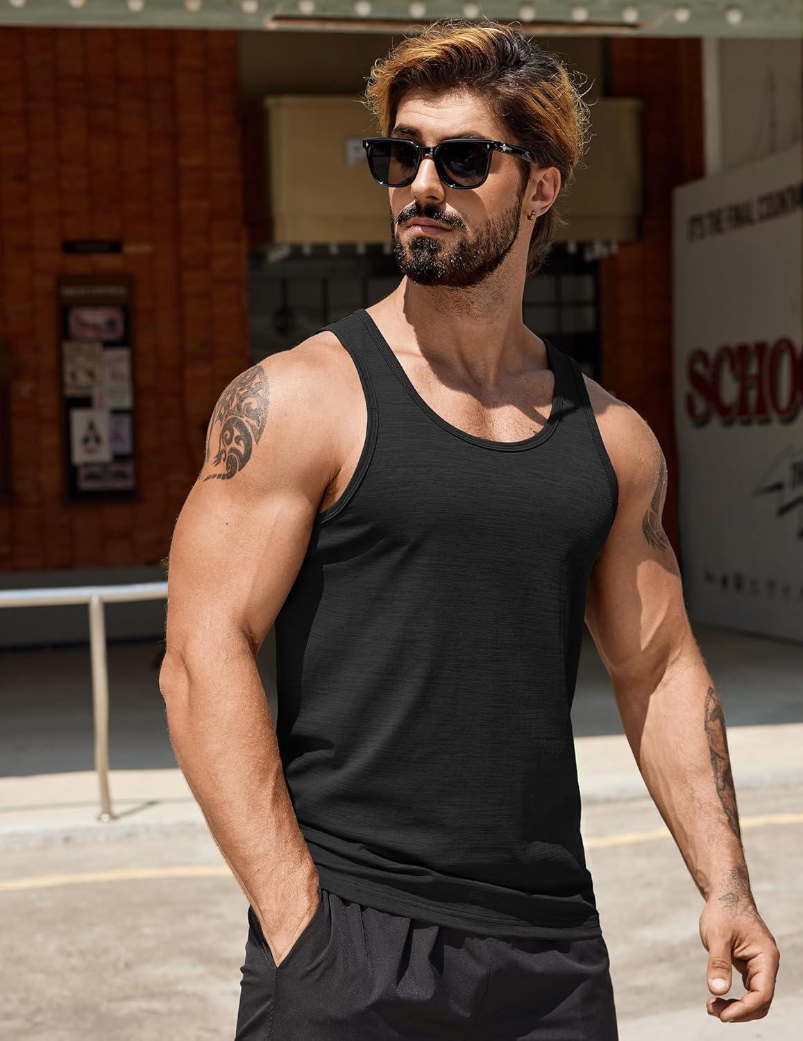 imageCOOFANDY Mens Workout Tank Tops Pack Dry Fit Sleeveless Running Shirts Gym Muscle Bodybuilding T ShirtsBlackGreyArmy Green