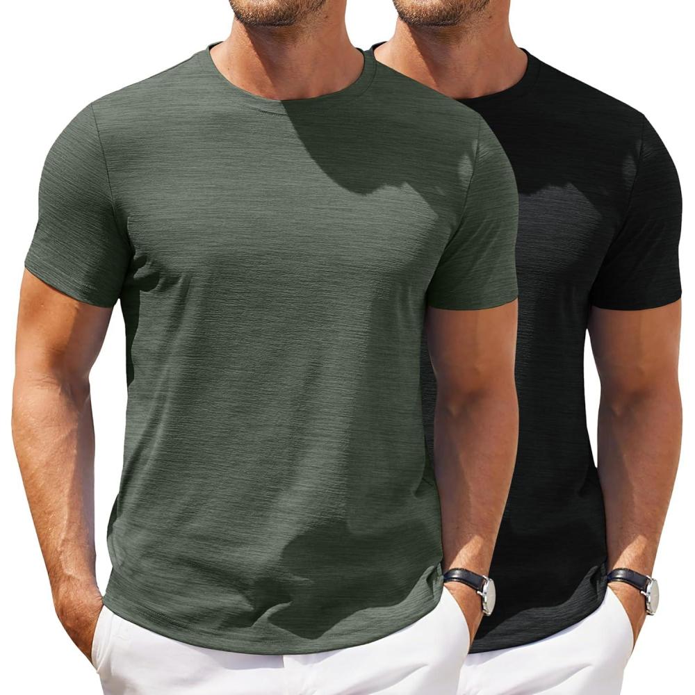 imageCOOFANDY Mens Crew Neck T Shirt Short Sleeve Casual Summer Basic Tee Muscle Slim Fit Workout TShirtBblackArmy Green2 Pack