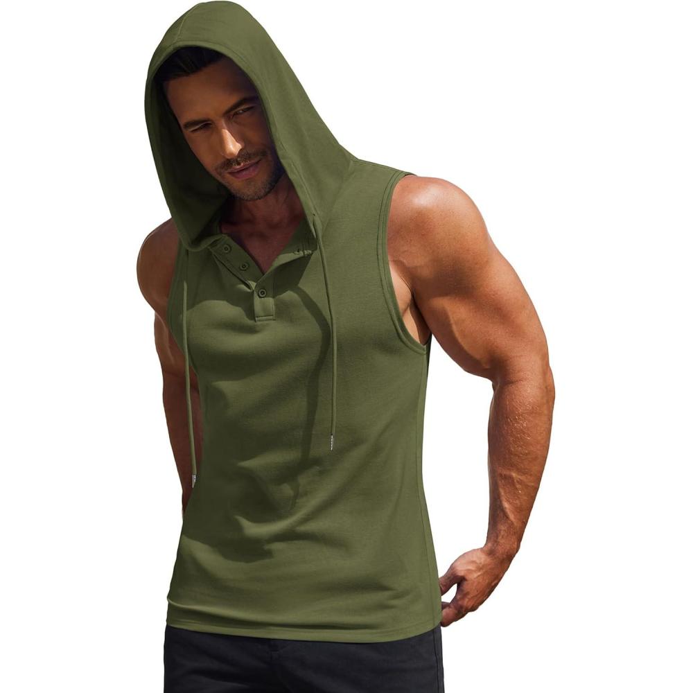 imageCOOFANDY Mens Workout Hooded Tank Tops Sleeveless Gym Hoodies Cotton Muscle Cut Off Shirt Bodybuilding Henley ShirtsArmy Green