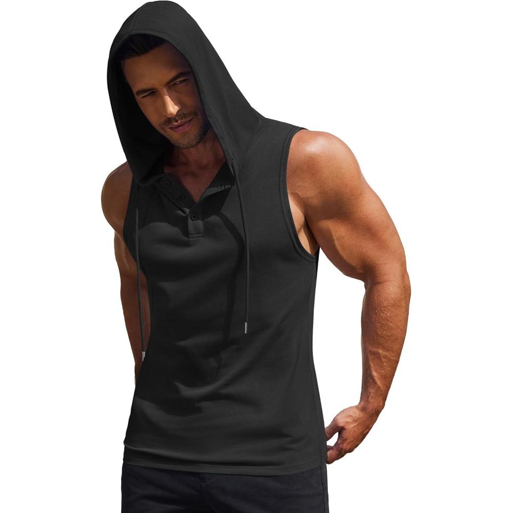 imageCOOFANDY Mens Workout Hooded Tank Tops Sleeveless Gym Hoodies Cotton Muscle Cut Off Shirt Bodybuilding Henley ShirtsBlack