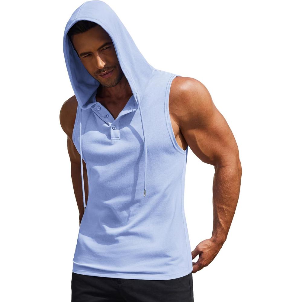 imageCOOFANDY Mens Workout Hooded Tank Tops Sleeveless Gym Hoodies Cotton Muscle Cut Off Shirt Bodybuilding Henley ShirtsLight Blue