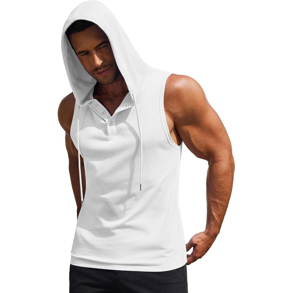 imageCOOFANDY Mens Workout Hooded Tank Tops Sleeveless Gym Hoodies Cotton Muscle Cut Off Shirt Bodybuilding Henley ShirtsWhite