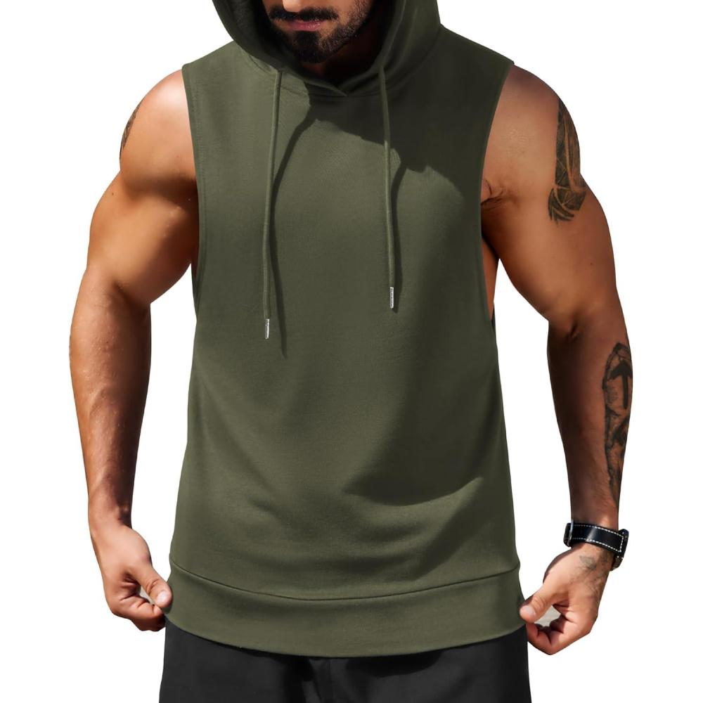 imageCOOFANDY Mens Workout Hooded Tank Tops Sleeveless Muscle Cut Off Shirts Athletic Gym Hoodies for Training FitnessArmy Green