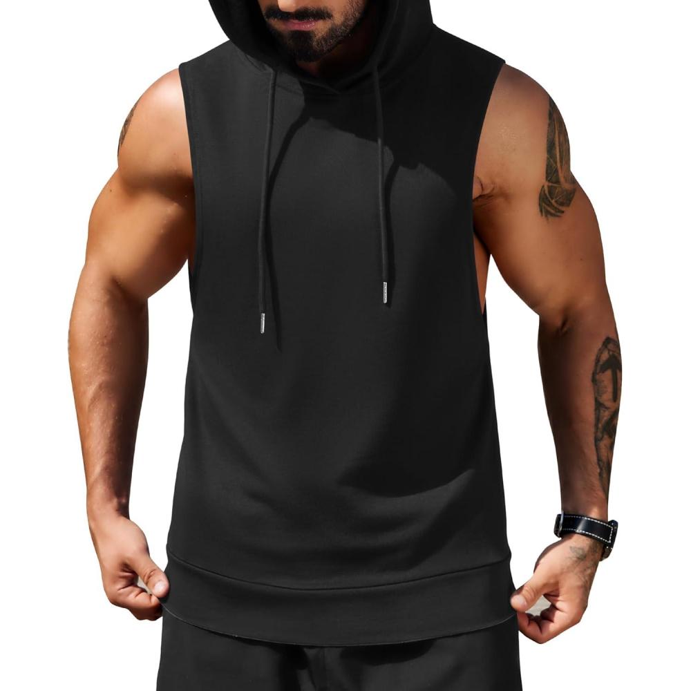 imageCOOFANDY Mens Workout Hooded Tank Tops Sleeveless Muscle Cut Off Shirts Athletic Gym Hoodies for Training FitnessBlack